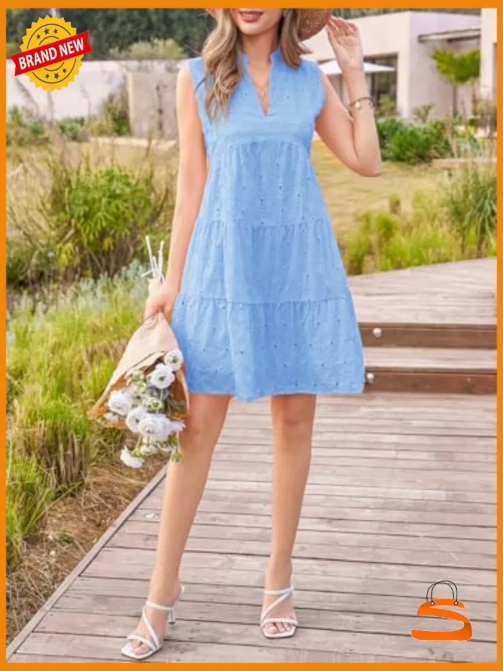 V Neck Eyelet Lace Mini Sundress Babydoll Hollow Out Swing Beach Casual Dress - Picture 5 of 6